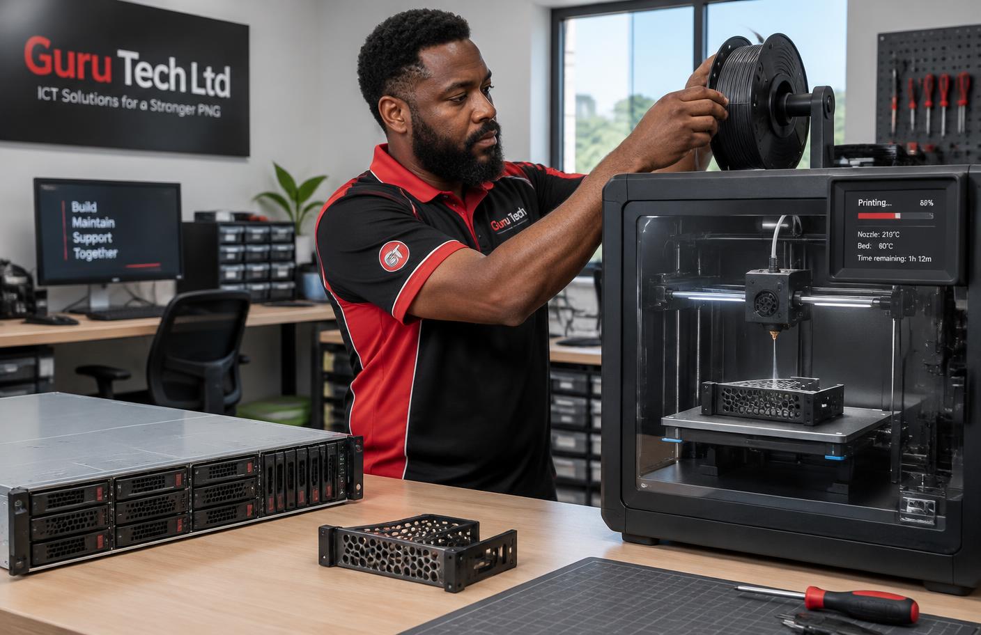 Guru Tech technician refilling a professional 3D printer while producing a custom server drive caddy
