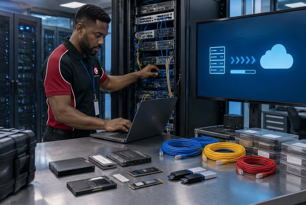 Black cloud engineer migrating services from an on-premises server to the cloud with solid-state drives, flash drives and network cables nearby