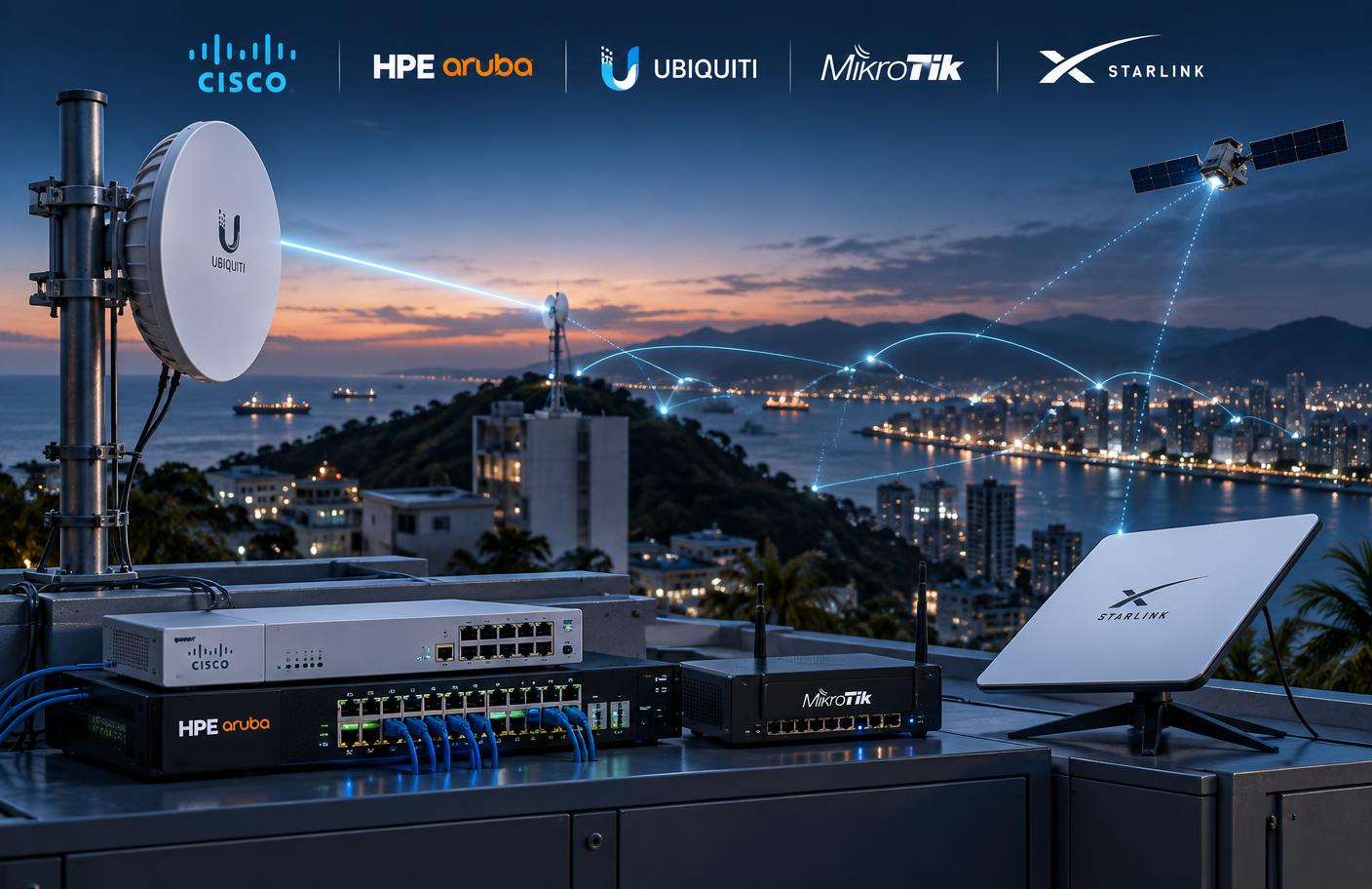 Cisco, HPE Aruba, Ubiquiti, MikroTik and Starlink technologies supporting point-to-point wireless, satellite and site connectivity