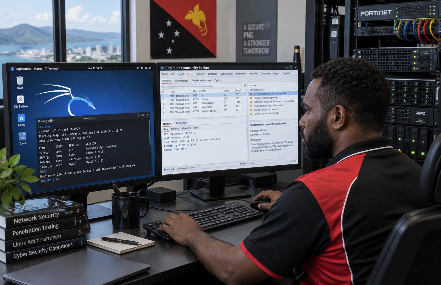 Black cybersecurity engineer using Kali Linux and Burp Suite during an authorised penetration test of network and server infrastructure