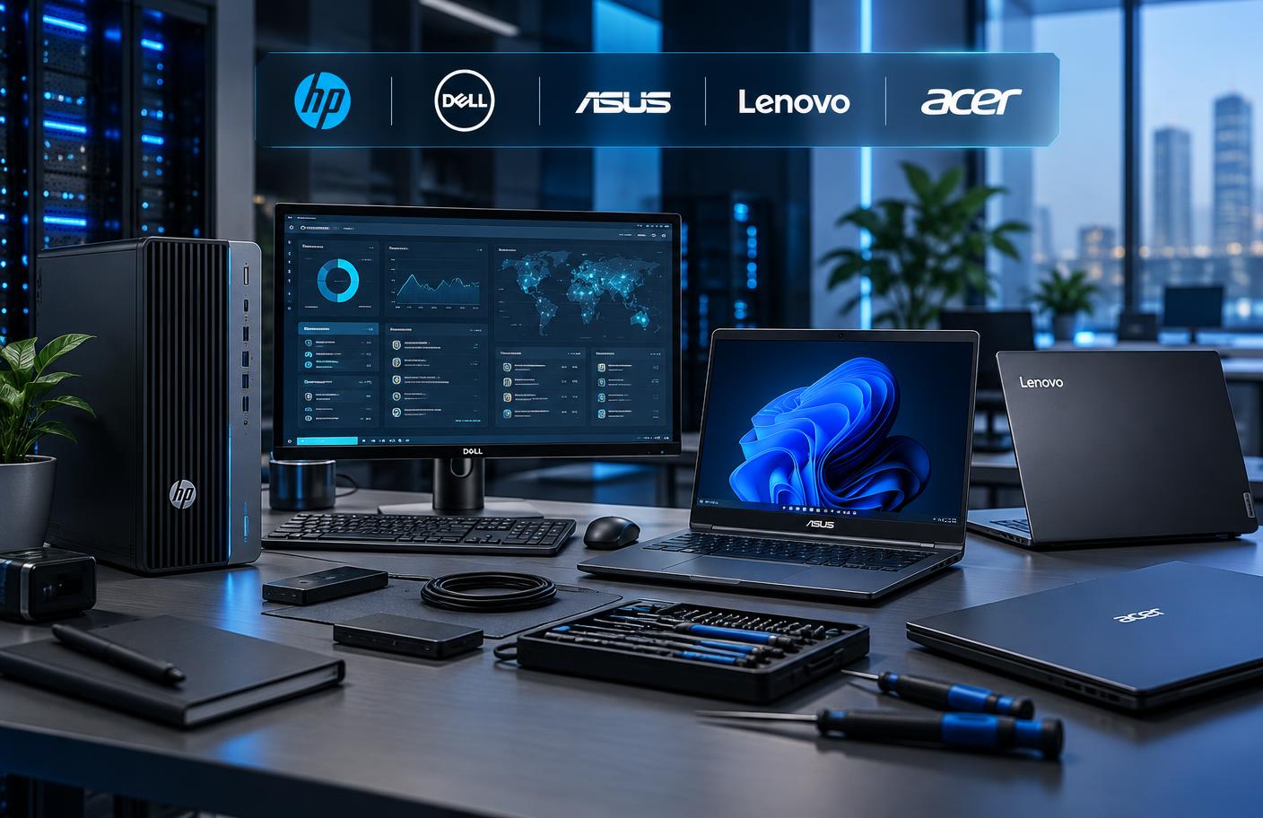 HP, Dell, ASUS, Lenovo and Acer computers in a professional IT support workspace