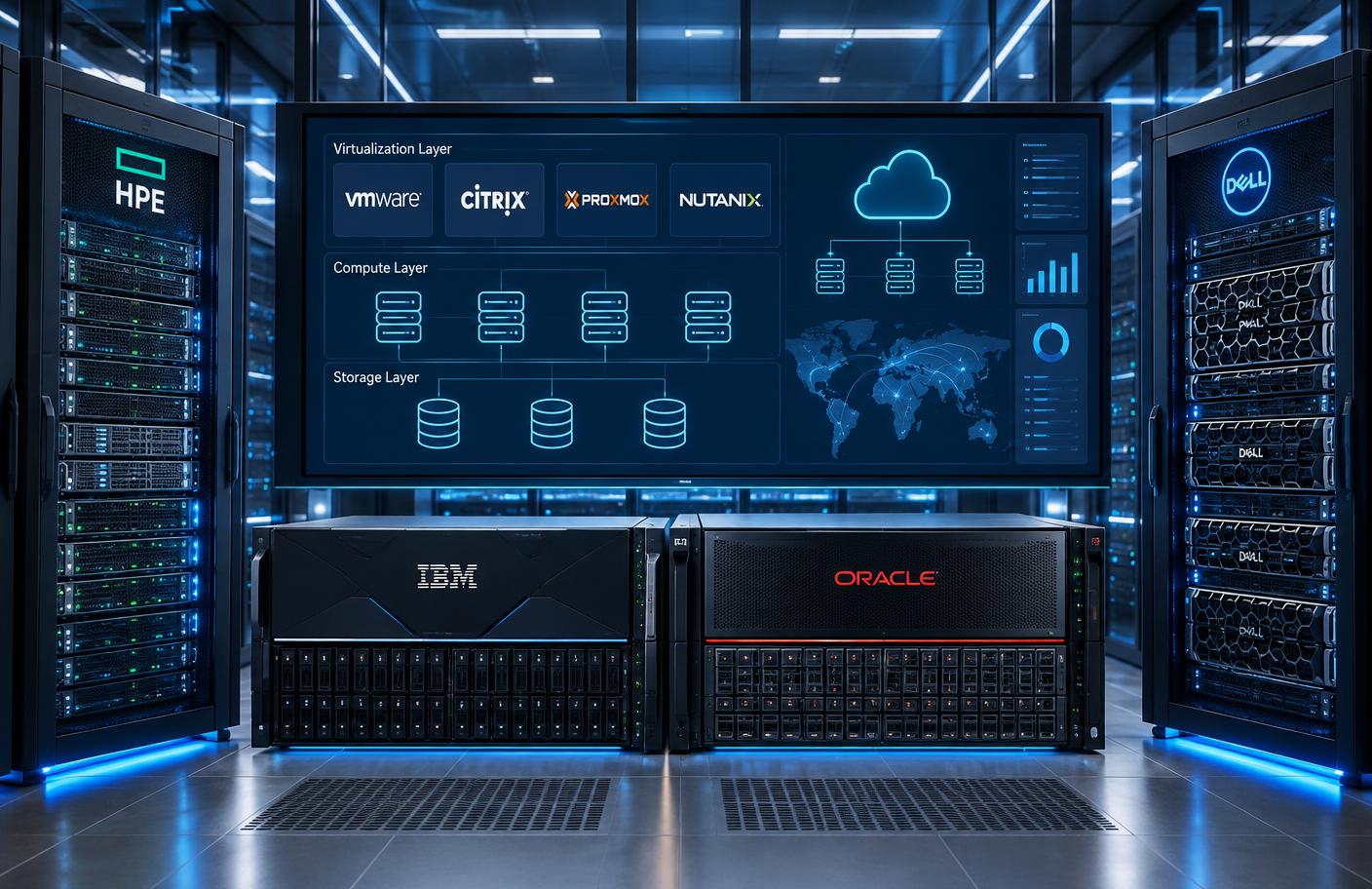 HPE, Dell, IBM and Oracle servers with VMware, Citrix, Proxmox and Nutanix virtualisation platforms