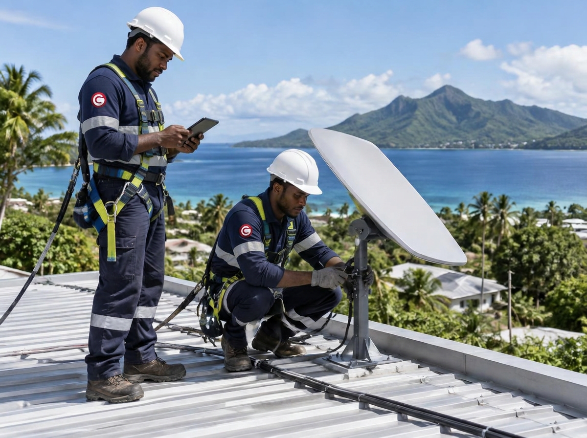 Black field technicians installing a satellite internet dish on a tropical rooftop