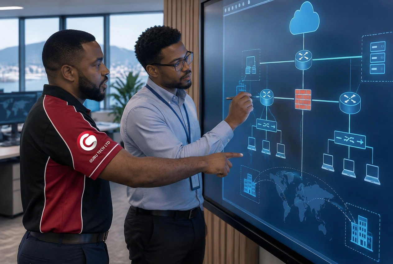 Two Black network specialists discussing next steps while designing a network architecture diagram on a digital board